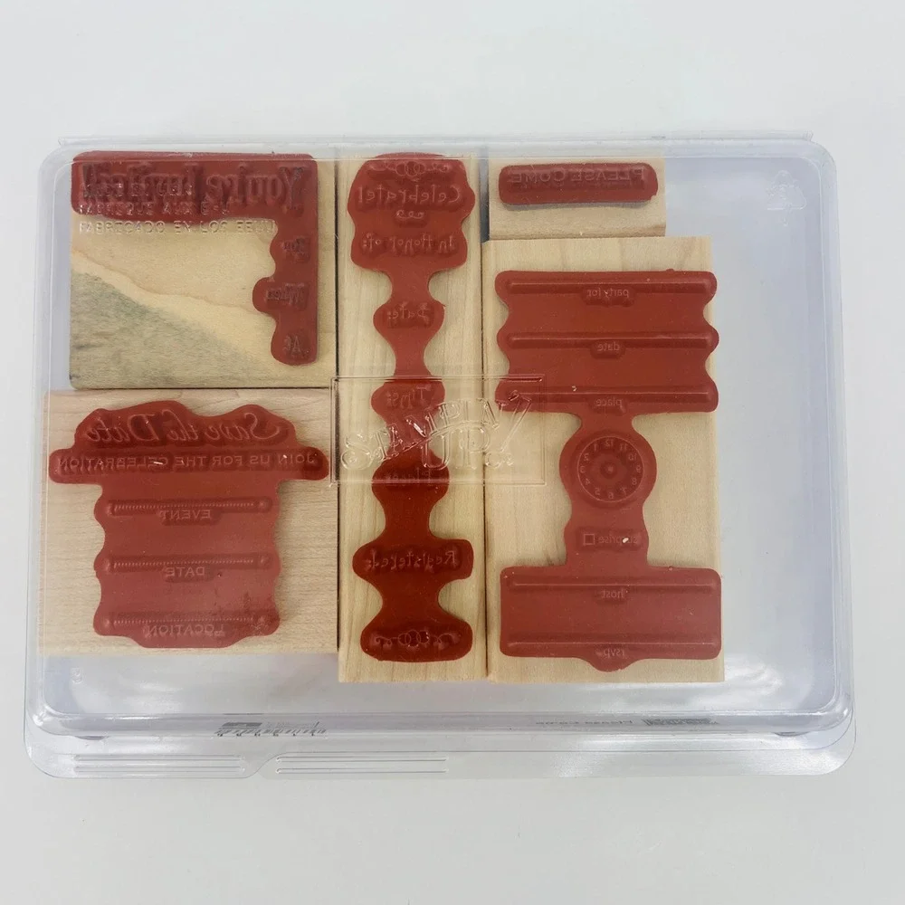 Stampin Up Invitation Rubber Stamp Set 5pc Tan Wood Mounted DIY Party Stationery